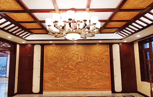 清溪镇中式别墅客厅中式木作横梁吊顶装饰展示